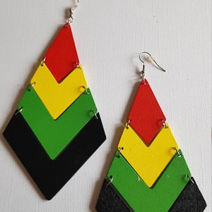 Laser Cut Raggae Wooden Dangle Earrings: Red, Yellow, Green