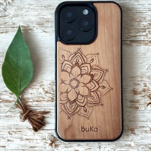 Wooden Phone Case with Mandala for iPhone, Samsung & Google Pixel