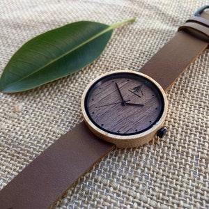 Bamboo and Walnut Wood Watch with Brown or Black Leather Band Mens & Womens Wooden Watches image 2