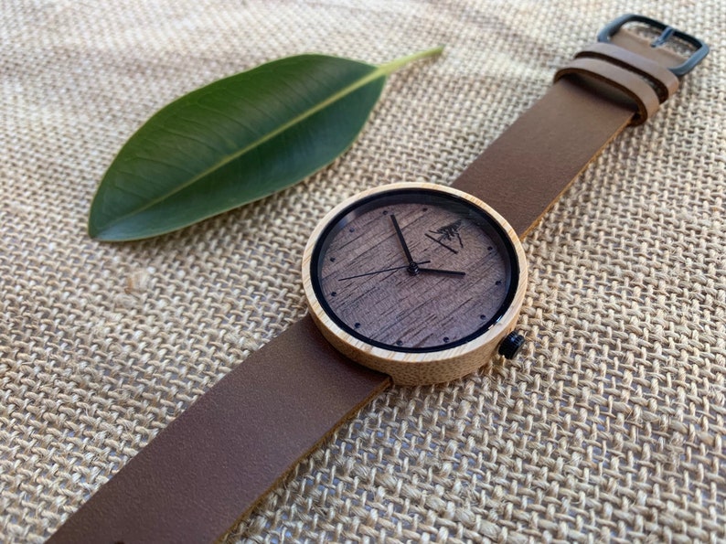 Bamboo and Walnut Wood Watch with Brown or Black Leather Band Mens & Womens Wooden Watches image 2