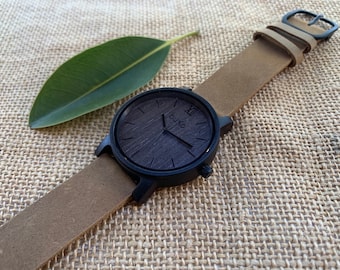 Black Walnut Wooden Watch with Leather Strap