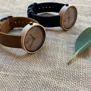 Bamboo and Walnut Wood Watch with Brown or Black Leather Band Mens & Womens Wooden Watches image 1