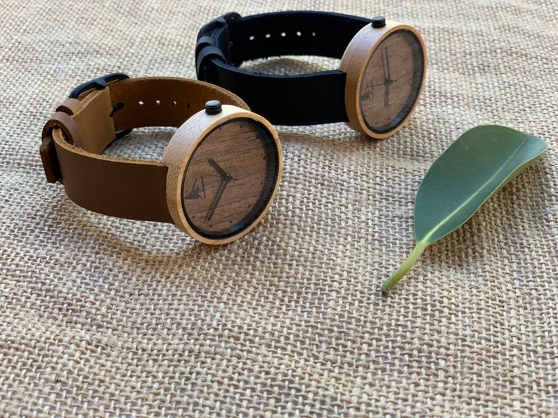 Bamboo and Walnut Wood Watch with Brown or Black Leather Band Mens & Womens Wooden Watches image 1