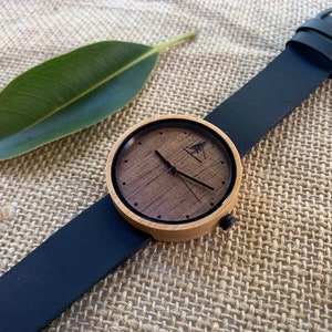 Bamboo and Walnut Wood Watch with Brown or Black Leather Band Mens & Womens Wooden Watches image 3