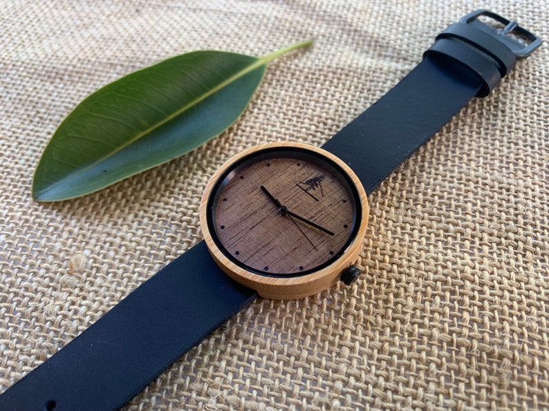 Bamboo and Walnut Wood Watch with Brown or Black Leather Band Mens & Womens Wooden Watches image 3