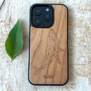 Wooden Phone Case with Geometric Whale for iPhone, Samsung & Google Pixel