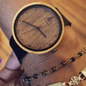 Bamboo and Walnut Wood Watch with Brown or Black Leather Band Mens & Womens Wooden Watches image 6