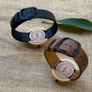 Bamboo and Walnut Wood Watch with Brown or Black Leather Band Mens & Womens Wooden Watches image 5