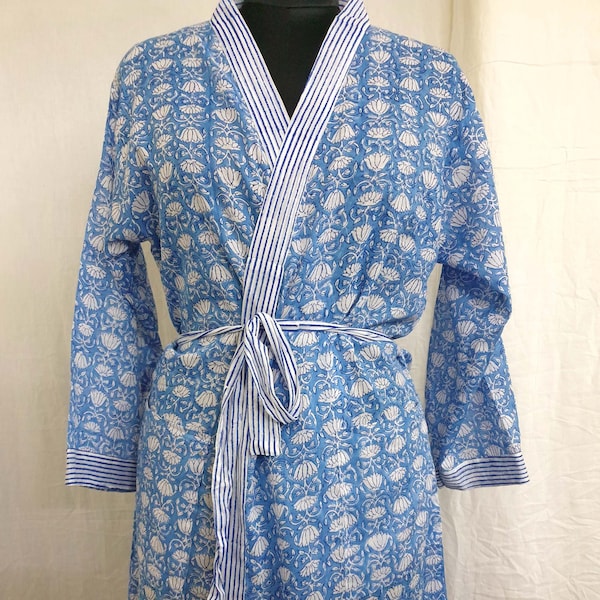 100% Cotton Kimono Robe For Women| Handmade Hand Block Floral Print Blue Kimono Robe| Women Nightwear Gown| Long Robes| Made In India Kimono