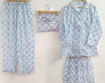 Pure Cotton Pyjamas Set Soft Handblock Print Nightwear Womens Dress Sleepwear Lingerie PJs Bridesmaid Pyjamas /& Shirt Set