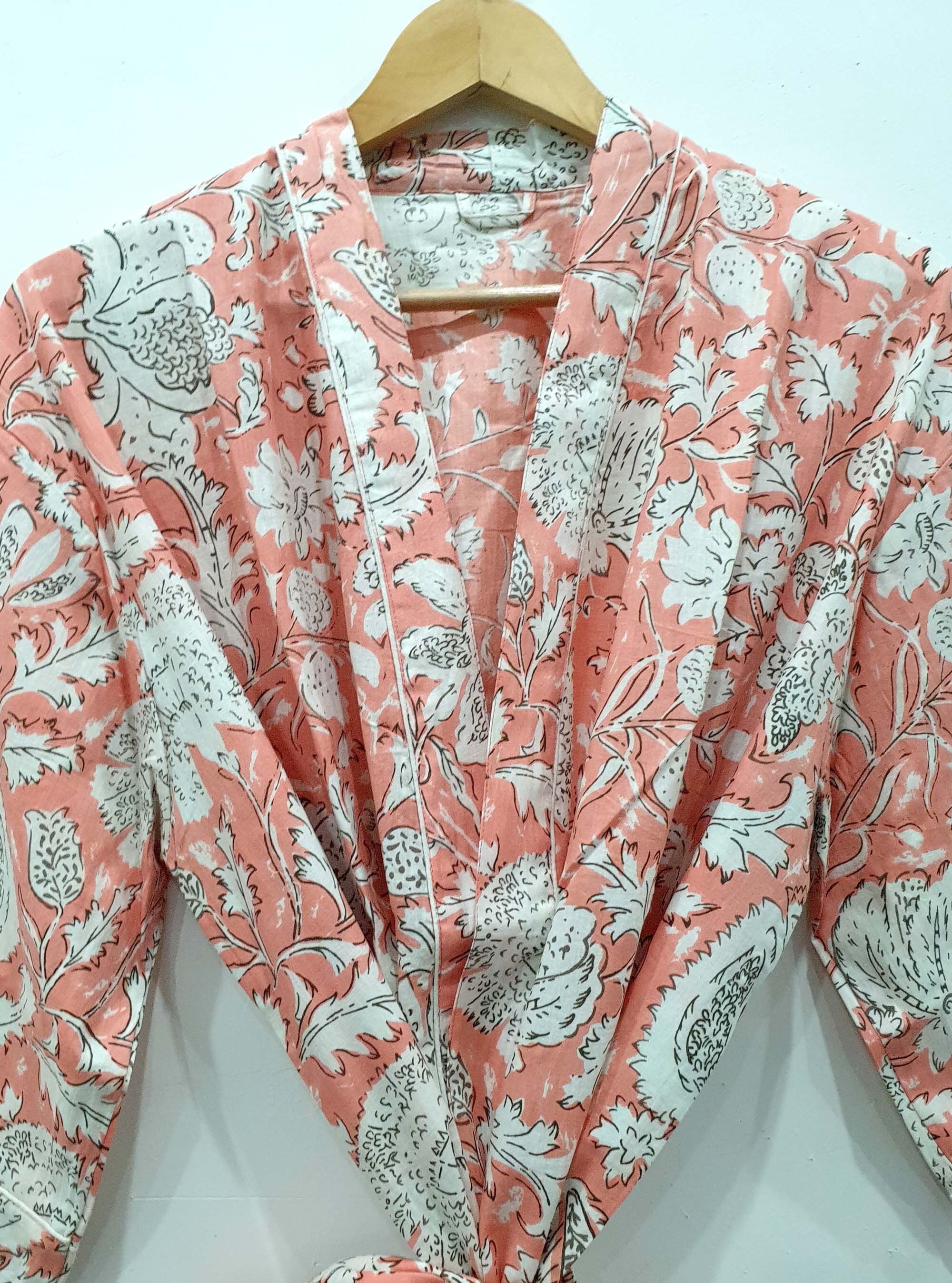 Long Cotton Kimono Handmade Pink Color Leaf Print Cover up Etsy Singapore