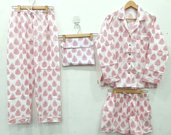 Conjunto de pijama de algodón indio con estampado de bloques de mano para  mujer, vestido de