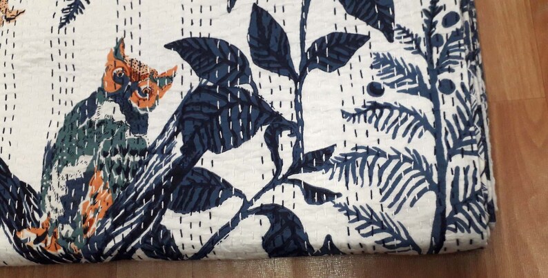 Indian Kantha quilt Handmade indian Bedsheet handstitched Queen 90X108 Bedspread Blanket Throw Pure Cotton