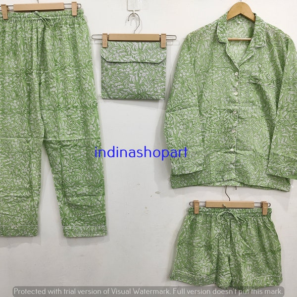 Cotton Pajama Set Women Night Dress Hand Block Print Green Color Set of-4 pc , Womens organic cotton pajama Shirt Short set