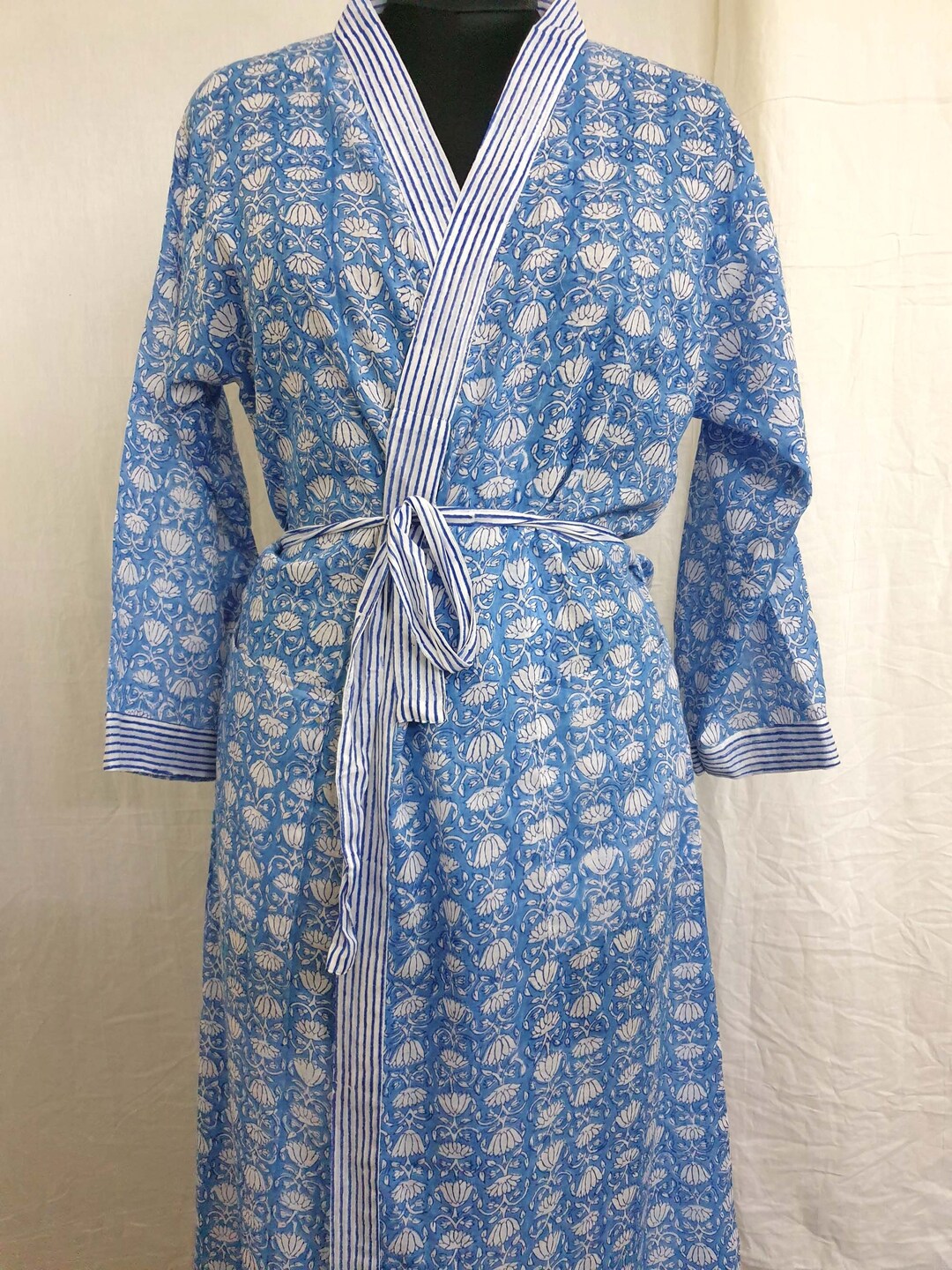 Hand Made Robe 100% Cotton Kimono Robe for Women Handmade Hand Block Floral Print Blue ...