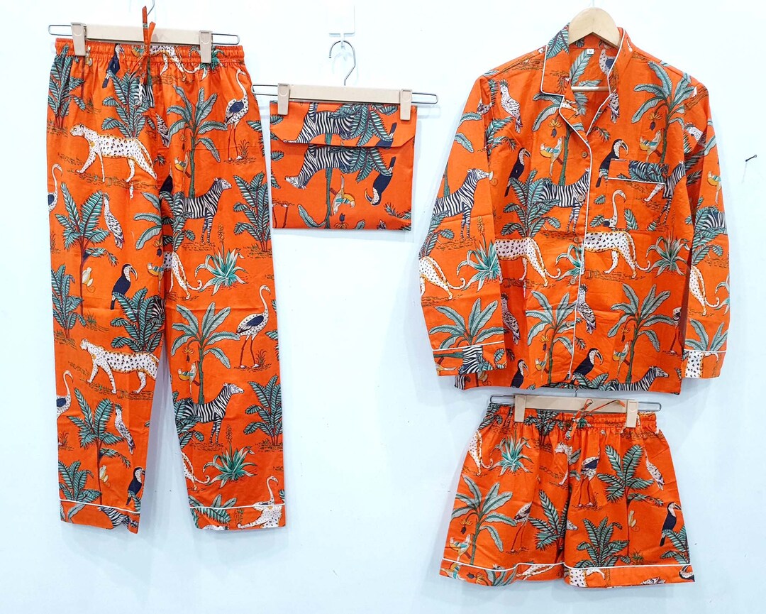 Cotton Pajama Set Cotton Hand Block Print Animal Print Orange Color