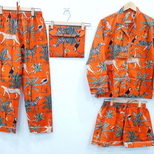 Animal Print Cotton Pajama Set Women Night Dress Green Color Etsy