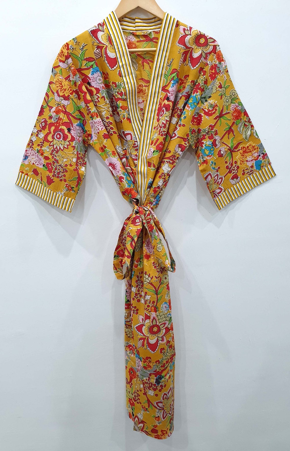 Yellow Color Indian Cotton Kimono Handmade Floral Print Kimono Etsy