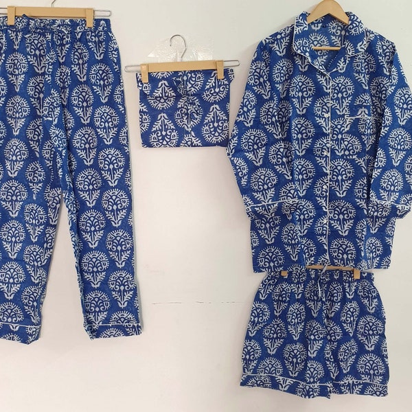 Pajama Set Cotton Hand Block Print 100% Cotton  Light Ultra-Soft Night Dress Women Cotton Pants Shirt Set With Shorts Set Blue  Color