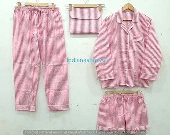 Indian Cotton Pajama Set Cotton Hand Block Print 100% Cotton Valentine Day Gift Women Cotton Pants Shirt Set With Shorts Set Pink