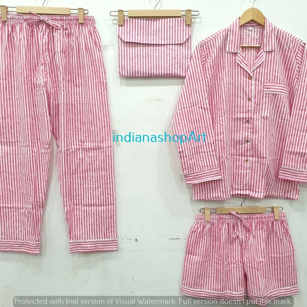 Indian Cotton Pajama Set Cotton Hand Block Print 100% Cotton Valentine Day Gift Women Cotton Pants Shirt Set With Shorts Set Pink