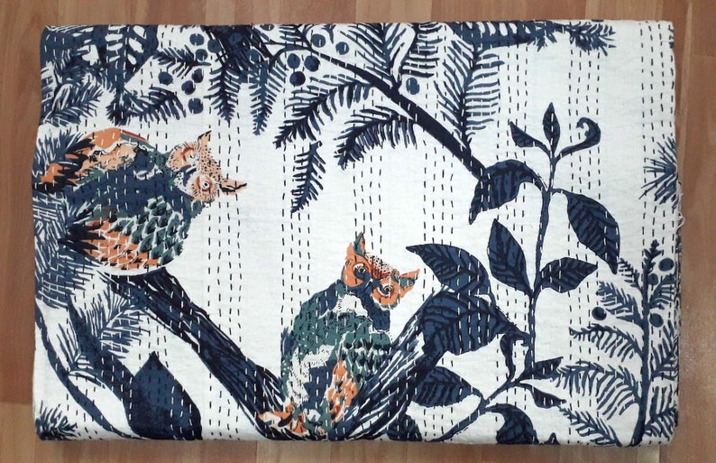 Indian Kantha quilt Handmade indian Bedsheet handstitched Queen 90X108 Bedspread Blanket Throw Pure Cotton