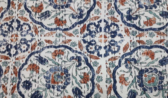 Indian Floral Kantha Quilt Handmade Throw Coverlet Queen Size Blanket Bedspread