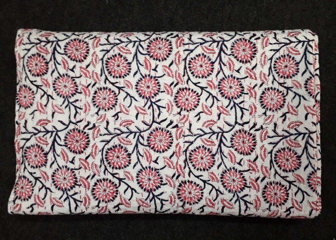 Kantha Quilt Bed Sheet Hand Block Floral Bedspread Indian Bed Etsy