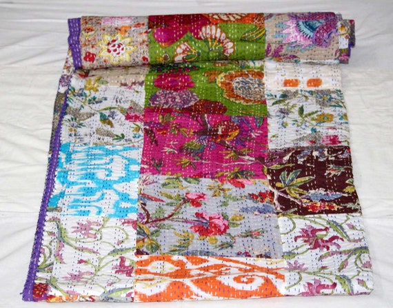 Patchwork Kantha Quilt Indian Queen Bed Cover Blanket Handmade Bedspread Throw