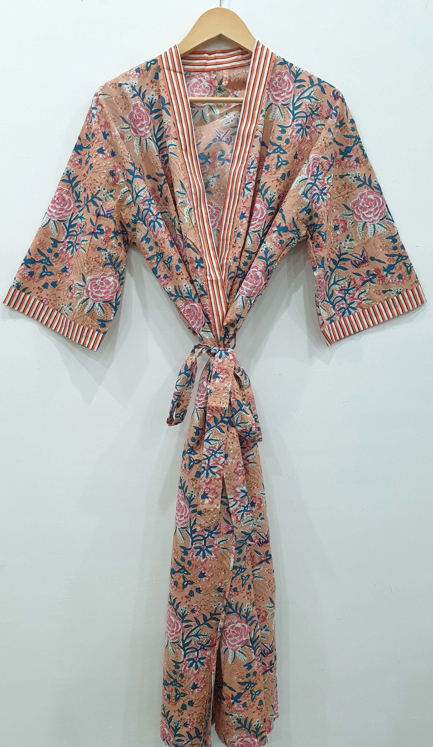 Long Cotton Kimono Handmade Floral Print Cotton Bath Robes Etsy