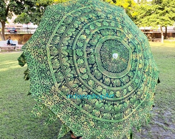 Indian Big Garden Umbrella Elephant Mandala Print Parasol Large Sun Shade Table Umbrella, Green Colors Beach Parasols, Patio Umbrella