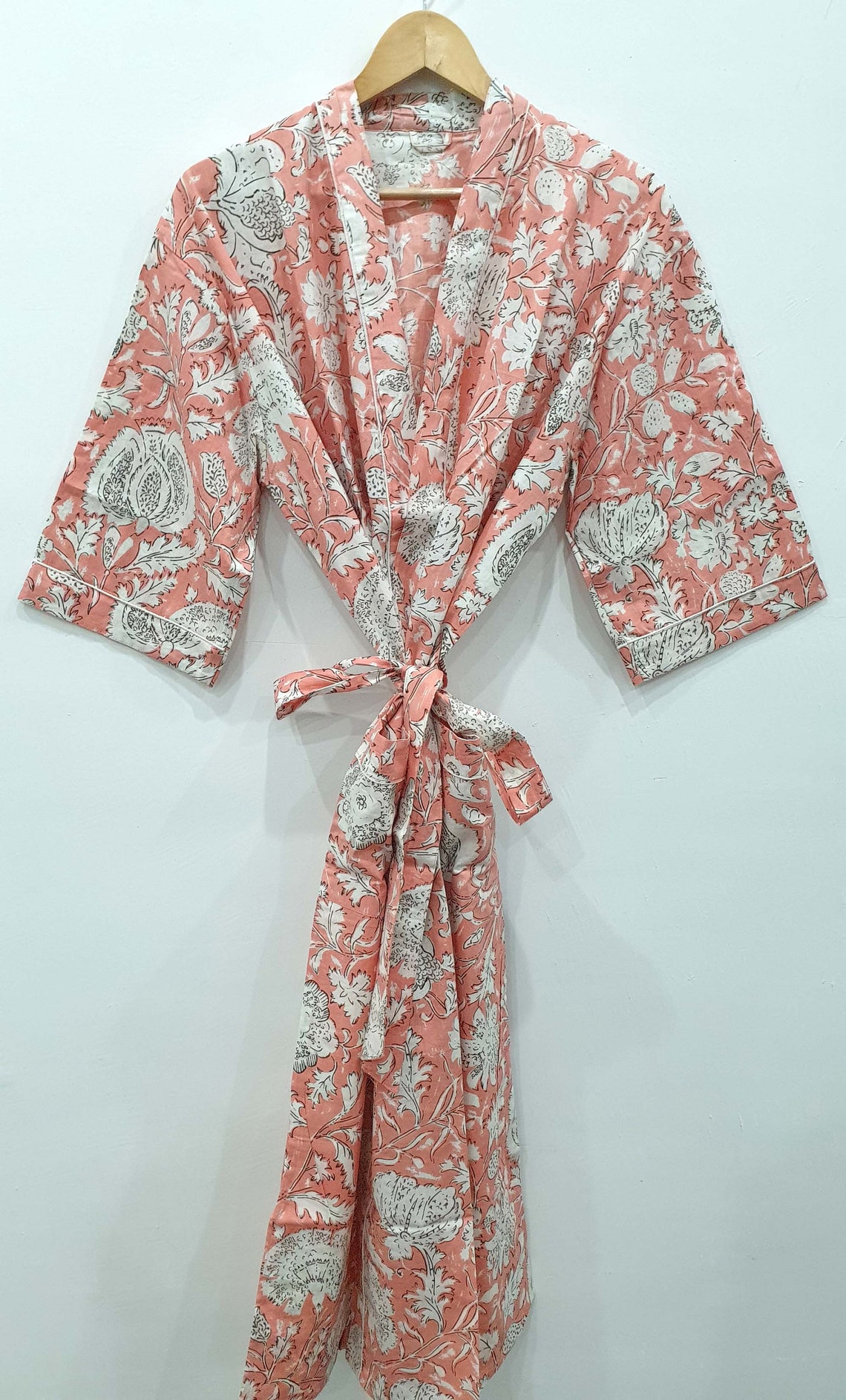 Long Cotton Kimono Handmade Pink Color Leaf Print Cover up Etsy Singapore