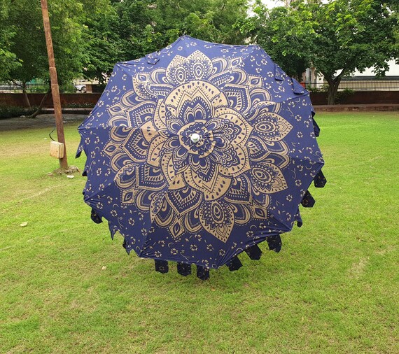 Indian Cotton Garden Umbrella Sun Shade Blue/gold Color - Etsy