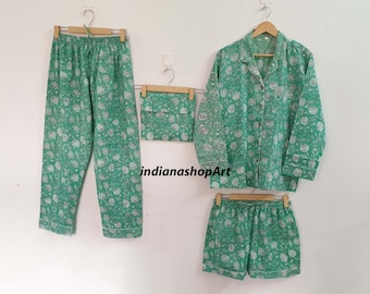 Indian Hand BlockPrint Cotton Pyjamas Set Nightwear Cotton Fabric, Light Ultra-Soft Night Dress Women Cotton Pants Shirt Set With Shorts Set