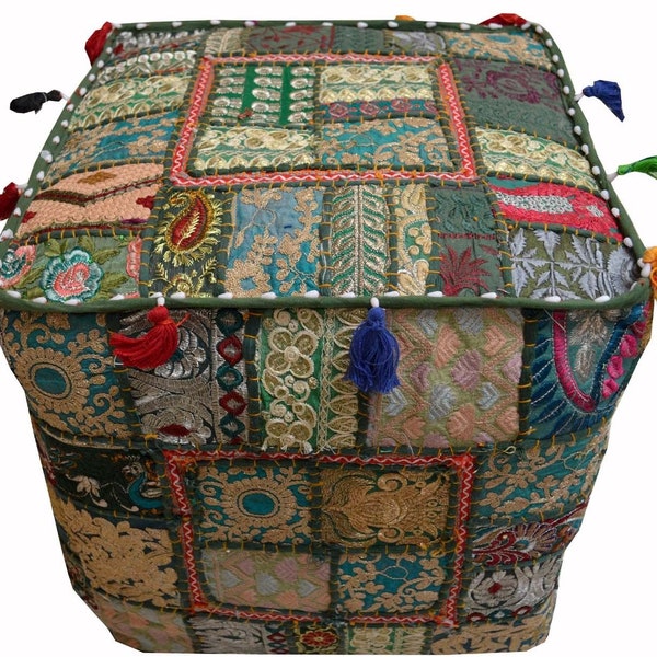 Housse de pouf carré vintage indien 100 % coton, patchwork, poufs faits main, repose-pieds bohème 16 x 16 pouces, décoration d'intérieur