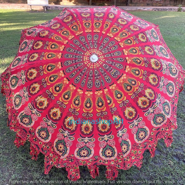 Indian Cotton Garden Umbrella Handmade Mandala Red Color Parasol Big Size Umbrella Sun Shade Table Umbrella, Beach Parasols, Patio Umbrella