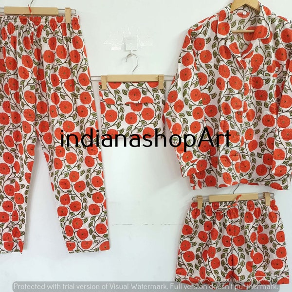 Indian Handmade Print Cotton Pajamas Set 100% Cotton  Light Ultra-Soft Night Dress Women Cotton Pants Shirt Set With Shorts Set Brid Print