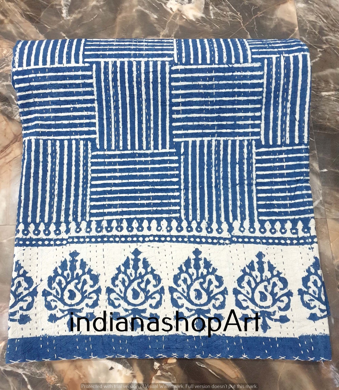Indian Cotton Kantha Bedspread Indigo Hand Block Floral Etsy