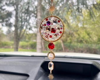 Rearview Mirror Suncatcher/Bag Charm: Floral Resin Glass Art, Dried Flowers, Grandma’s junk drawer