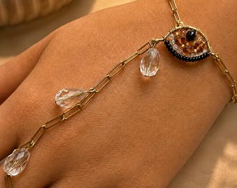 The Cry Baby Series: Hazy Honey Hand Chain — Handmade, Glass Beads, Gold Plated, Teary-Eye Mosaic, Abstract, Wearable art
