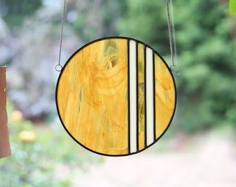 Stained Glass Amber Striped Circle Mid Century MCM Minimal Minimalist Art Window Sun Catcher Modern Geometric Round Stripes