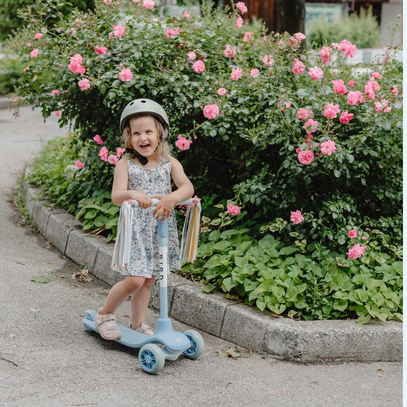 May include: A young child wearing a green helmet and a floral dress rides a blue scooter with rainbow streamers. The scooter has the word "BIRD" printed on the side.