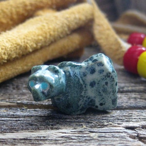 mini ZUNI BEAR FETISH carving. Personal pocket size with  buckskin medicine bag neck pouch. Healing, protection, strength.