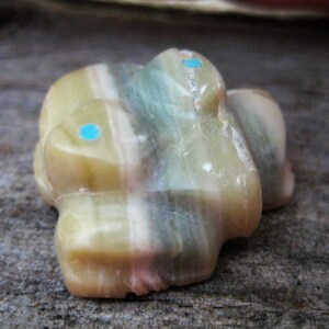 mini ZUNI FROG fetish CARVING, signed. Personal pocket size with  buckskin medicine bag neck pouch. Peaceful happy frog.