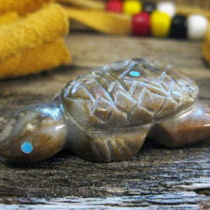 ZUNI TURTLE FETISH carving. Personal pocket size with native made buckskin medicine bag neck pouch. Connection with center and spirit.