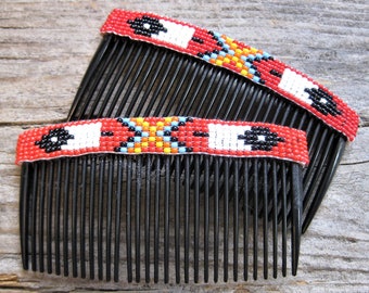 artisan 3 1/2" HAIR COMB PAIR, set of 2, loom woven glass seed beads, Southwestern Native design, Eagle feather, honor, strength, wisdom.