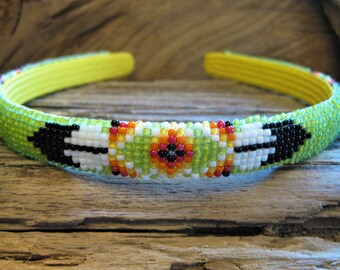 artisan beaded HEADBAND loom woven glass seed beads, Southwestern Navajo design, Eagle feather, arrow & God's Eye. Strength, wisdom. Green.