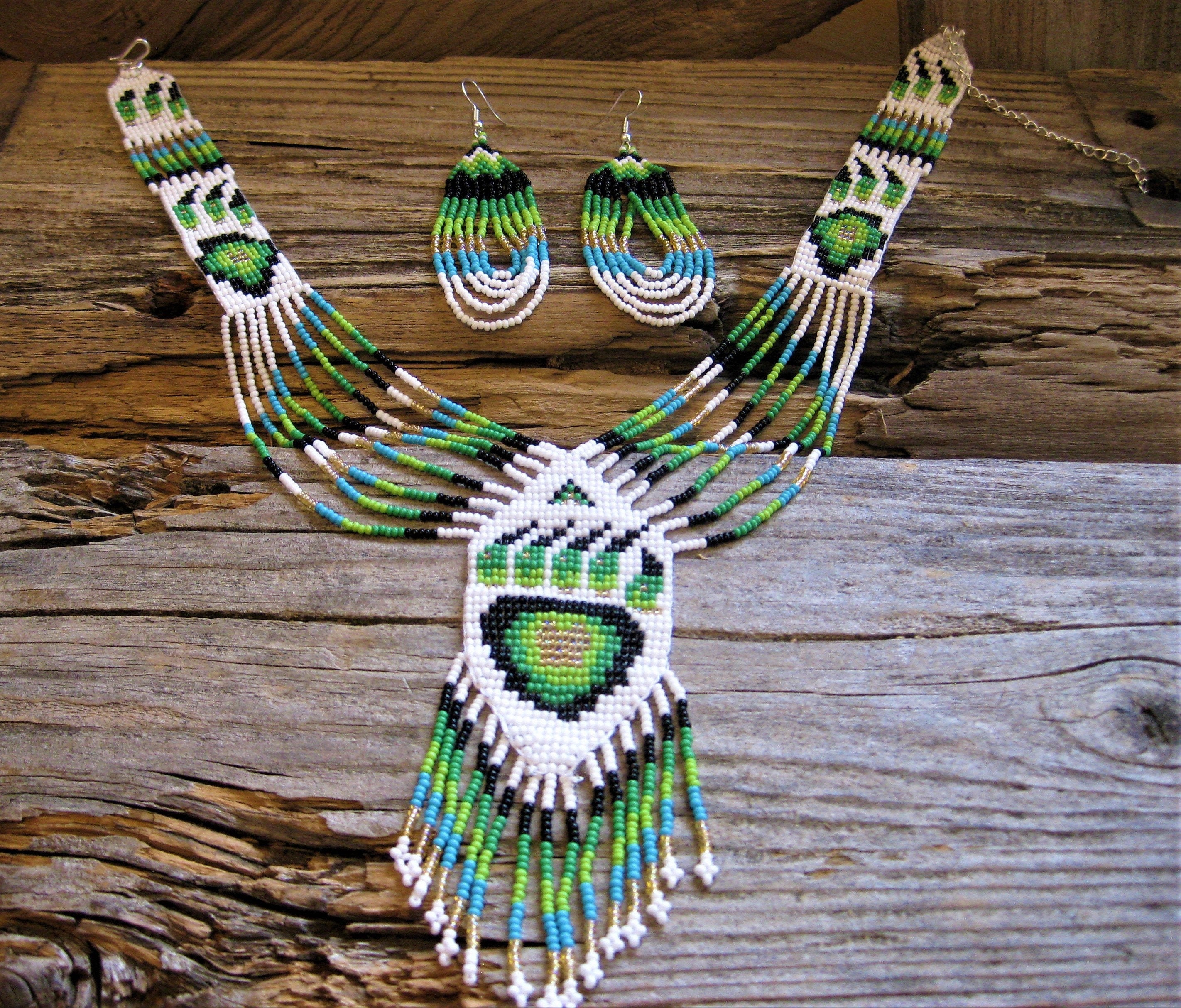 アート・デザイン・音楽 SOUTHWESTERN INDIAN JEWELRY CRAFTING Artisan BEAR PAW NECKLACE & Earrings Set, Loom Woven Glass