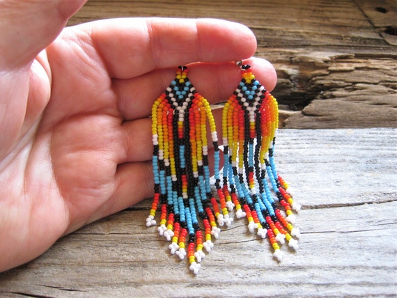 artisan Long FRINGE EARRINGS, glass seed beads, f… - image 3