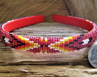 Navajo beaded HEADBAND loom woven glass seed beads, Southwestern native traditional design, Eagle feather, arrow. Strength, wisdom. Red.